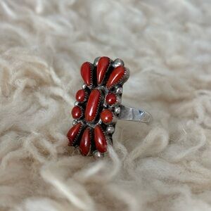 Native American handmade large coral and silver ring